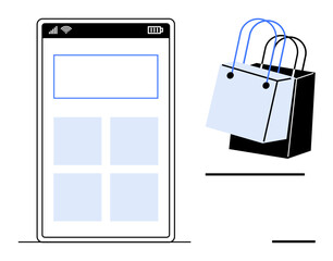 Mobile phone screen showing shopping app interface with four squares and blank space, alongside two shopping bags, one blue and one black. Ideal for e-commerce, mobile apps, digital shopping, retail