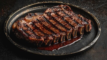 A perfectly grilled steak on a cast iron plate, showcasing beautiful sear marks and glistening juices, exuding a mouthwatering aroma.