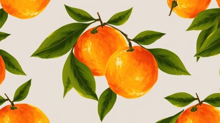 Fresh Oranges with Leaves Pattern, Watercolor Style, Food and Nature