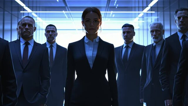 The Boardroom's Stance: A resolute businesswoman leads a powerful boardroom meeting, framed by a cadre of equally determined associates in this impactful, high-angle shot.