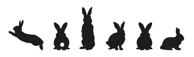 Easter Bunny Silhouette Set Isolated On White Background. Collection Of Different Rabbit For Poster Design, Banners, Advertisement, Marketing, Social Media, Web. Happy Easter Vector Illustration Icon.