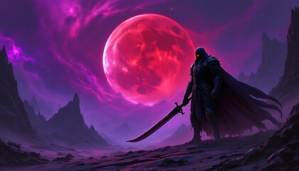 Fototapeta premium Crimson Knight Under Blood Moon: A Fantasy Epic