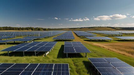 Solar farm under a clear blue sky with wispy clouds.