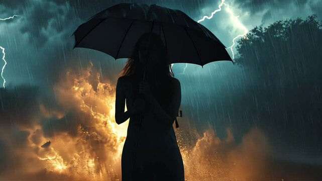 Solitary Silhouette: A woman stands defiantly in a torrential downpour, shielded by an umbrella against the backdrop of a dramatic lightning storm, a compelling portrayal of resilience.