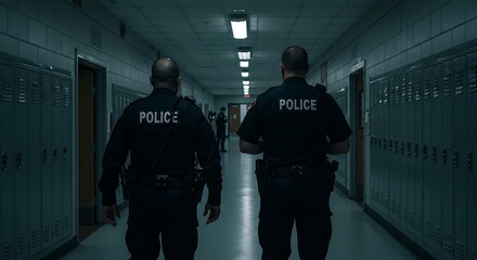 Police officers in uniform patrolling school hallway, ensuring safety, protection, and security. Law enforcement, teamwork, and authority in educational environment for public safety and surveillance 