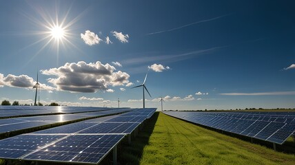 Solar farm under a clear blue sky with wispy clouds.