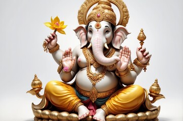 Detailed image of a seated Ganesha statue, adorned with intricate gold jewelry and a yellow dhoti, holding a lotus flower.