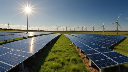 Solar farm under a clear blue sky with wispy clouds.