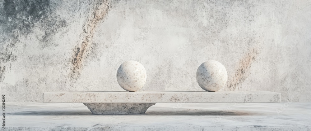 Fototapete Balance between two white spheres on a minimalistic shelf set against a gray background in a 3D rendering