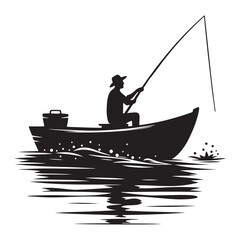Silhouette of fisherman in boat fishing with rod on lake