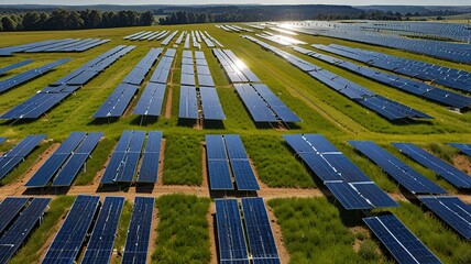 Solar farm under a clear blue sky with wispy clouds.