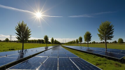 Solar farm under a clear blue sky with wispy clouds.