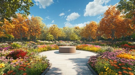 Obraz premium Autumnal Garden Paradise: A Serene Pathway Through Vibrant Blooms