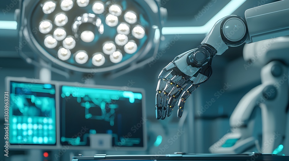 Poster futuristic robot hand reaching out to interact with a computer screen in a high-tech environment of 