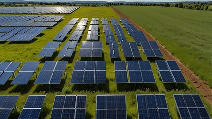 Solar farm under a clear blue sky with wispy clouds.