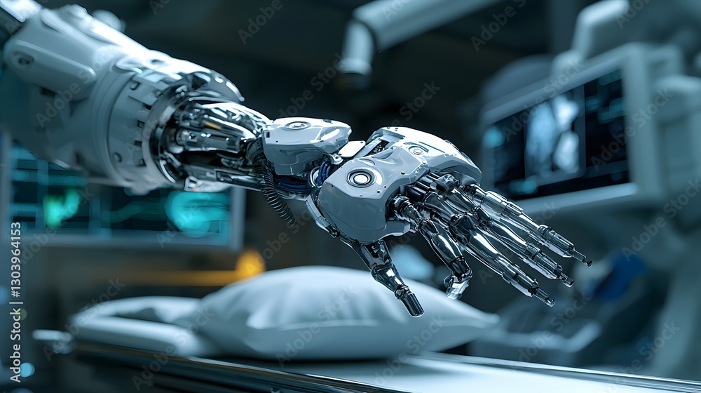 Poster advanced robotic hand with articulated fingers designed for precision tasks and human interaction in