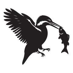 Silhouette Illustration of Kingfisher Bird Catching Fish Vector Image