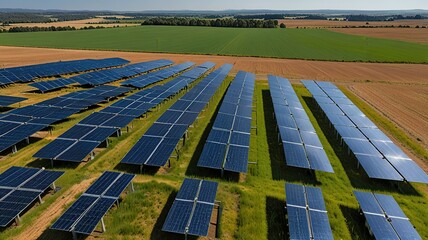 Solar farm under a clear blue sky with wispy clouds.