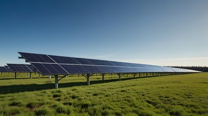 Solar farm under a clear blue sky with wispy clouds.
