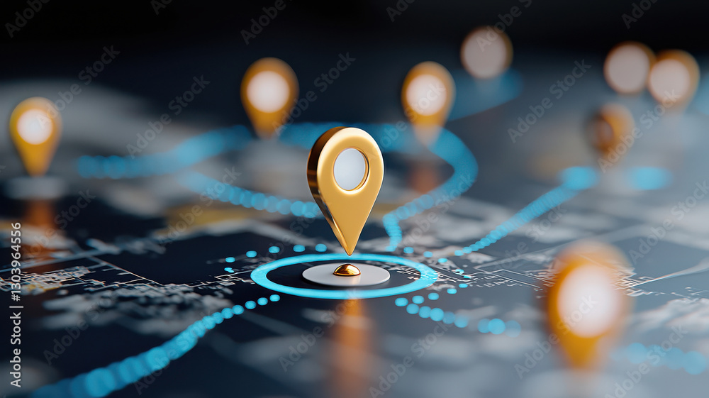 Poster 3D rendered customer journey roadmap with glowing location markers on digital map, illustrating navigation and connectivity