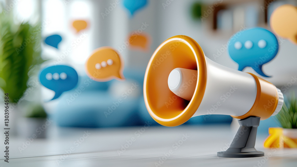 Aufkleber 3D rendered digital illustration of megaphone surrounded by colorful speech bubbles, symbolizing communication and social media interaction