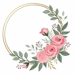 A delicate, elegant floral with a thin gold circular frame.  soft pink roses, small blossoms, and lush green leaves arranged symmetrically on both sides of the frame. The watercolour-style flowers 