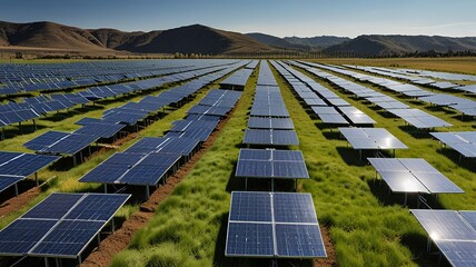 Solar farm under a clear blue sky with wispy clouds.