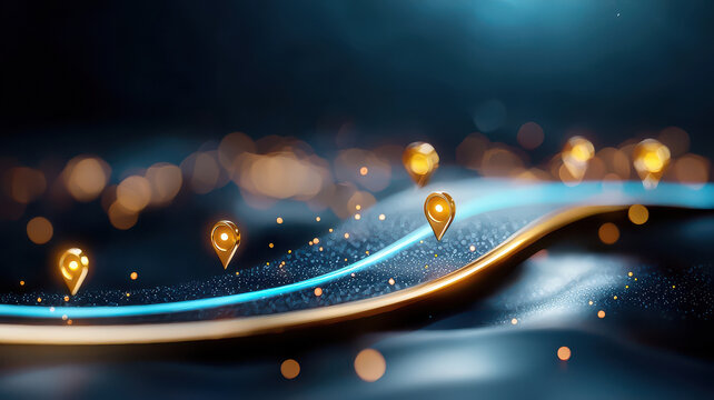 3D rendered customer journey roadmap with glowing location markers on wavy path, set against dark, abstract background. image conveys sense of futuristic navigation and digital exploration