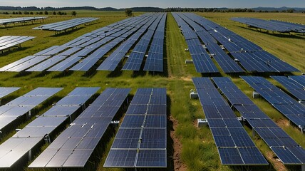 Solar farm under a clear blue sky with wispy clouds.