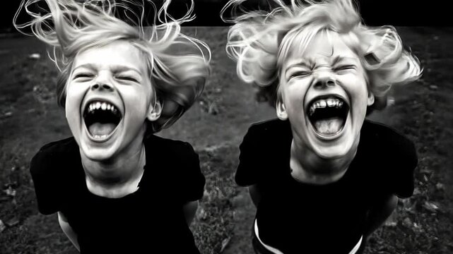 Joyful Screams: A black-and-white image capturing the unbridled joy of two young girls as they scream with laughter, their hair flying and faces contorted with pure glee. 