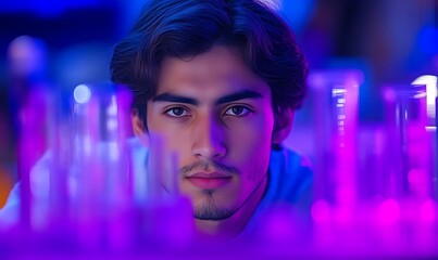 Focused Young Scientist in Lab with Purple Light
