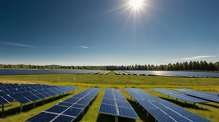 Solar farm under a clear blue sky with wispy clouds.