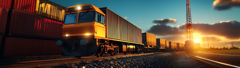 Fototapeta premium A freight train passing through a sunset landscape, showcasing cargo containers and vibrant colors.