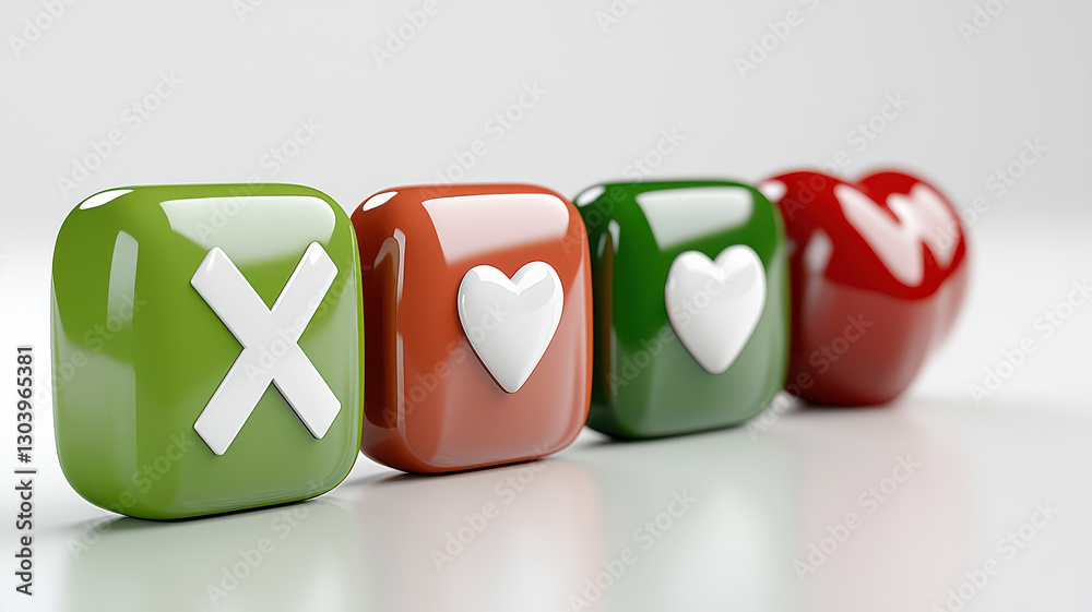 Poster 3d rendered set of four square buttons with soft rounded edges, featuring symbols like cross and hea