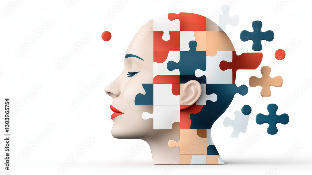 Aufkleber conceptual 3D illustration of human head composed of colorful puzzle pieces, symbolizing complexity and creativity