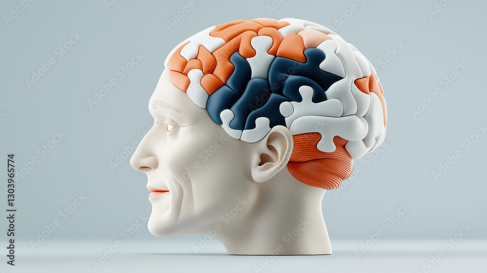 Poster conceptual 3D illustration of human head composed of interlocking puzzle pieces, symbolizing complexity and interconnectedness