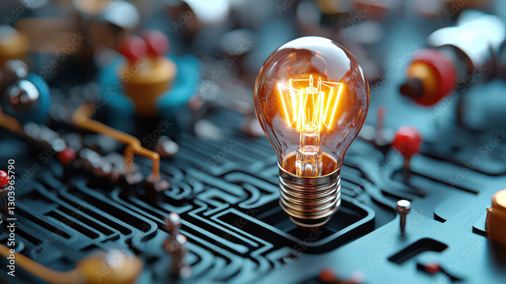 Poster glowing light bulb on circuit board symbolizes innovation and technology. warm light contrasts with 