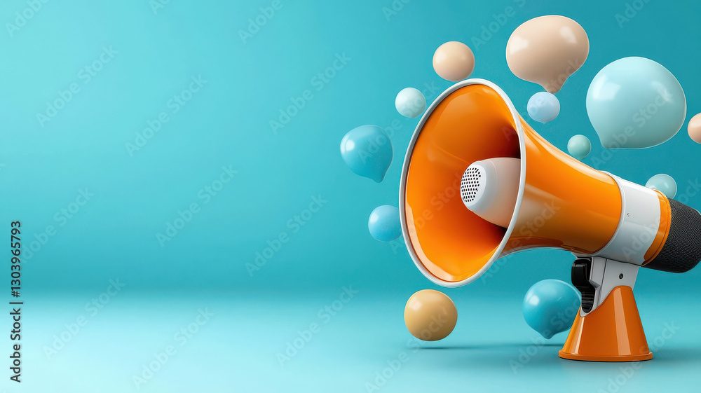 Aufkleber orange megaphone with abstract floating speech bubbles on blue background, symbolizing communication