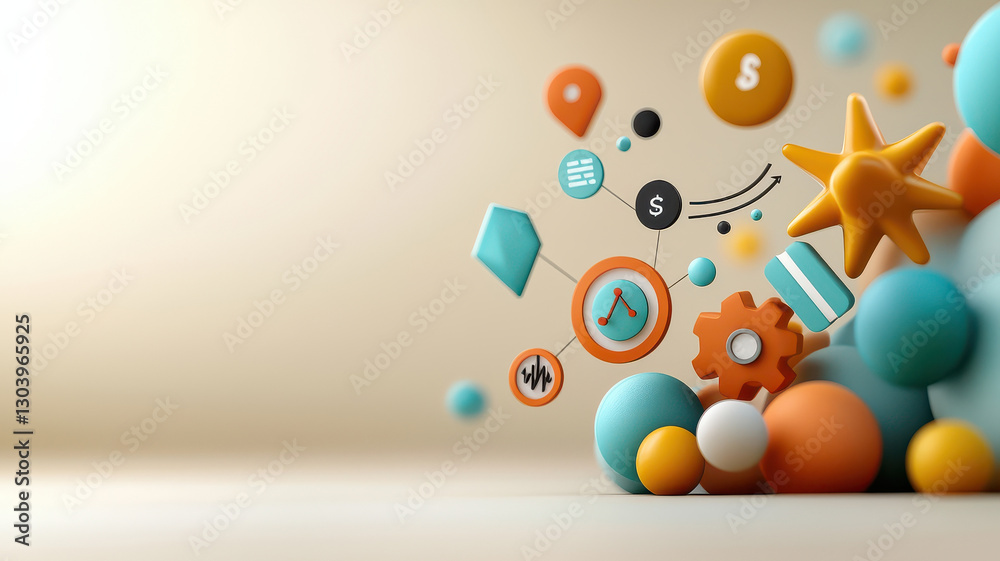 Poster dynamic 3D business infographic with floating numbered elements and symbols. design features colorful geometric shapes, arrows, and icons neutral background, conveying innovation and creativity