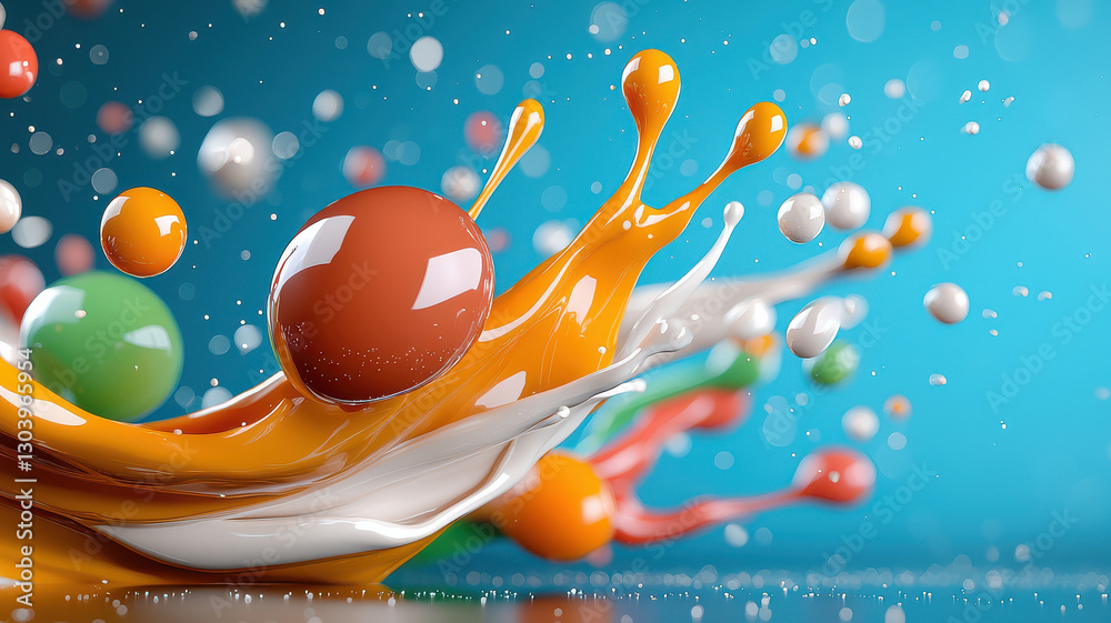 Poster dynamic and surreal paint splash composition featuring vibrant colors and fluid motion, with orange, white, and green elements against blue background, creating energetic and abstract scene