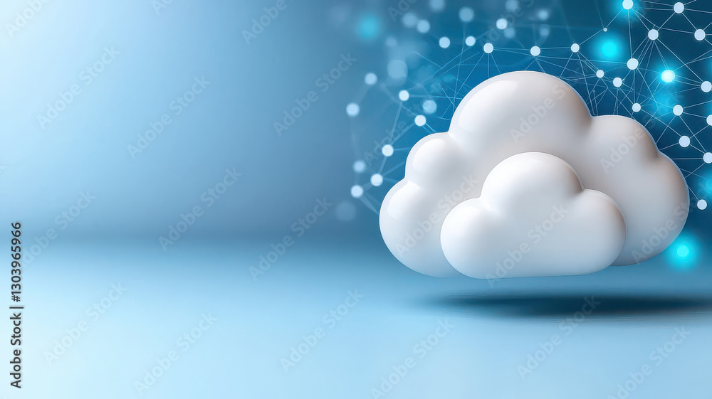 Fototapete futuristic cloud computing network with AI driven data connections, featuring digital cloud and interconnected nodes on blue background