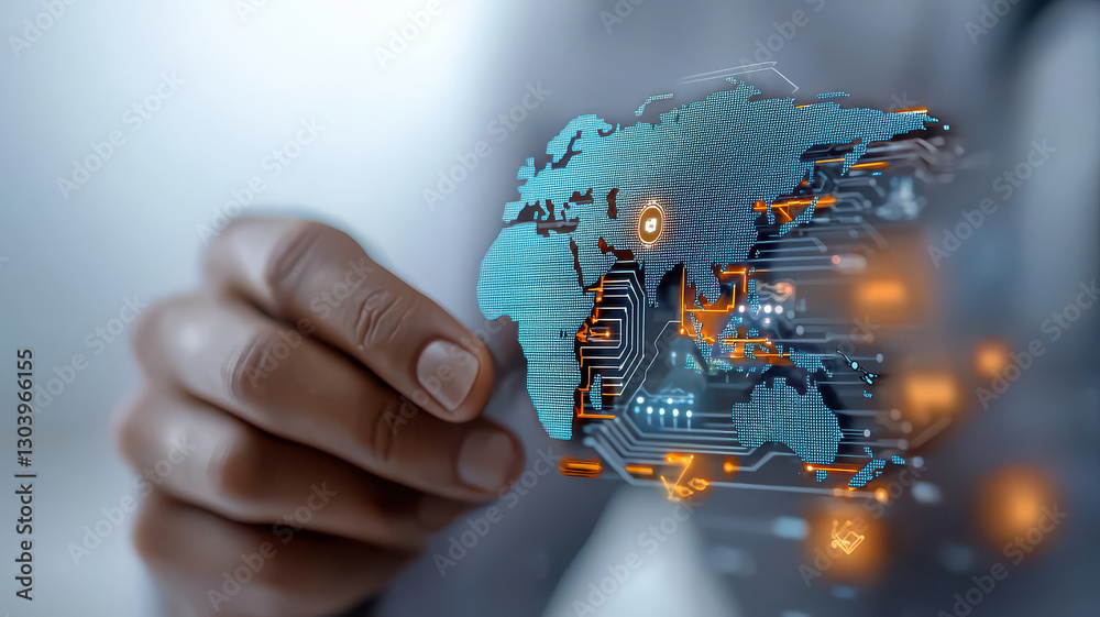Aufkleber hand interacts with futuristic digital world map, featuring glowing circuits and holographic elements, symbolizing global connectivity and technology