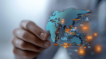 hand interacts with futuristic digital world map, featuring glowing circuits and holographic elements, symbolizing global connectivity and technology