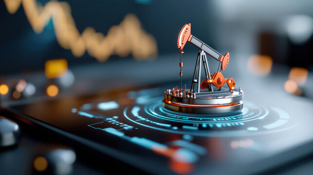 futuristic digital representation of global oil market trends features 3D model of oil pump on high tech interface, symbolizing energy industry dynamics - Powered by Adobe