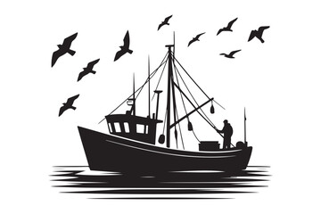 Commercial Fishing Boat Silhouette Illustration Seagulls Flying Maritime Scene