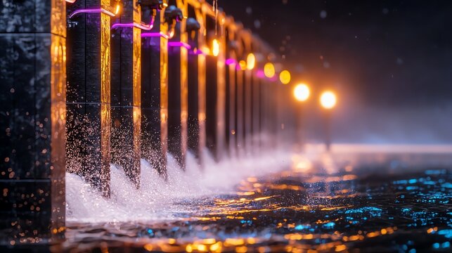 A mesmerizing nighttime view of illuminated water jets splashing beside a decorative pier under a moody sky.