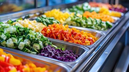 Obraz premium Assorted fresh vegetables in metal trays, perfect for healthy eating concepts or buffet visuals.