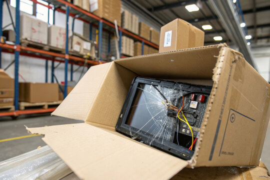 damaged computer monitor inside broken cardboard box in warehouse, surrounded by stacked packages. scene conveys sense of neglect and loss