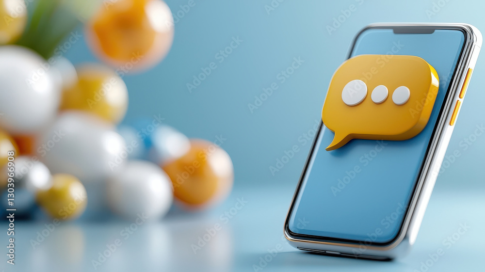 Poster sleek 3d illustration of smartphone screen with large chat bubble icon, surrounded by colorful spher