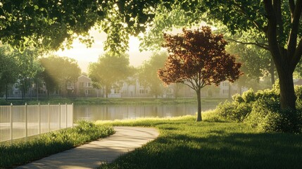 Obraz premium Sunlight Brightly Illuminates a Waterfront Park with Houses Across the Water